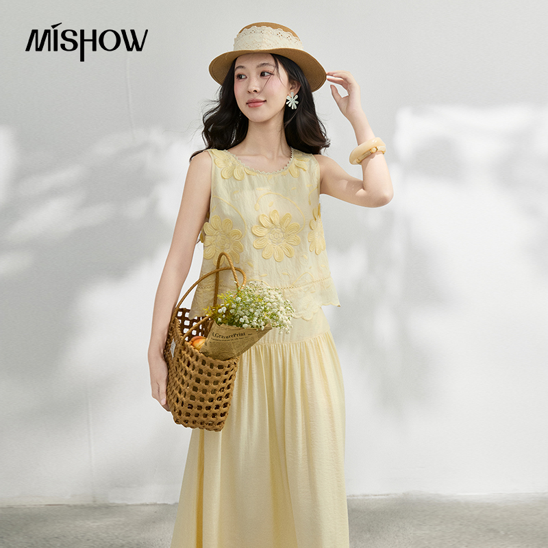 Midi Skirt Floral - MISHOW Franse bloemenborduurwerk blouse effen roksets