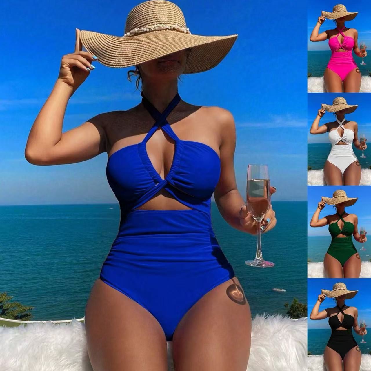 Swimsuit Bikini Ruched - Damesbadpak met halterhals, effen badpak, rugloos