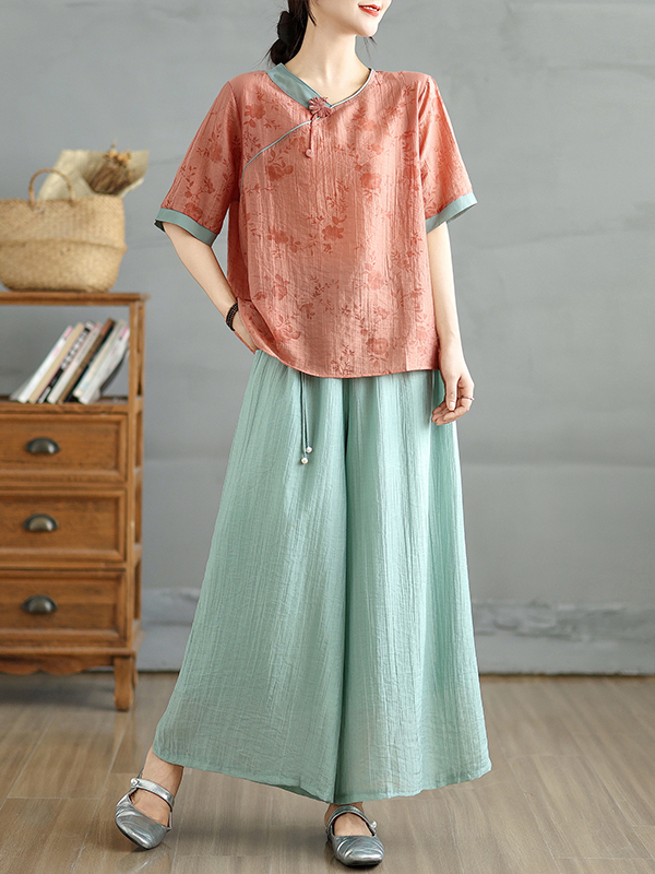 Linen Pant Wide - Chinese bloemenprint linnen zijden top met