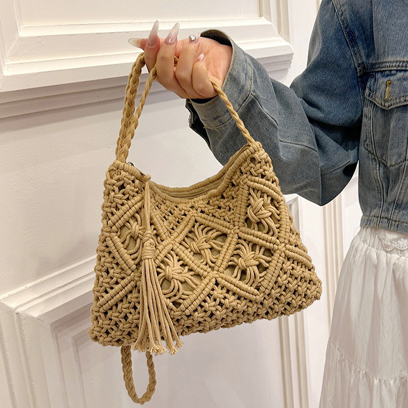 Crochet Bag Raffia - Mode Geweven Uitgeholde Schoudertassen Stro Zomer