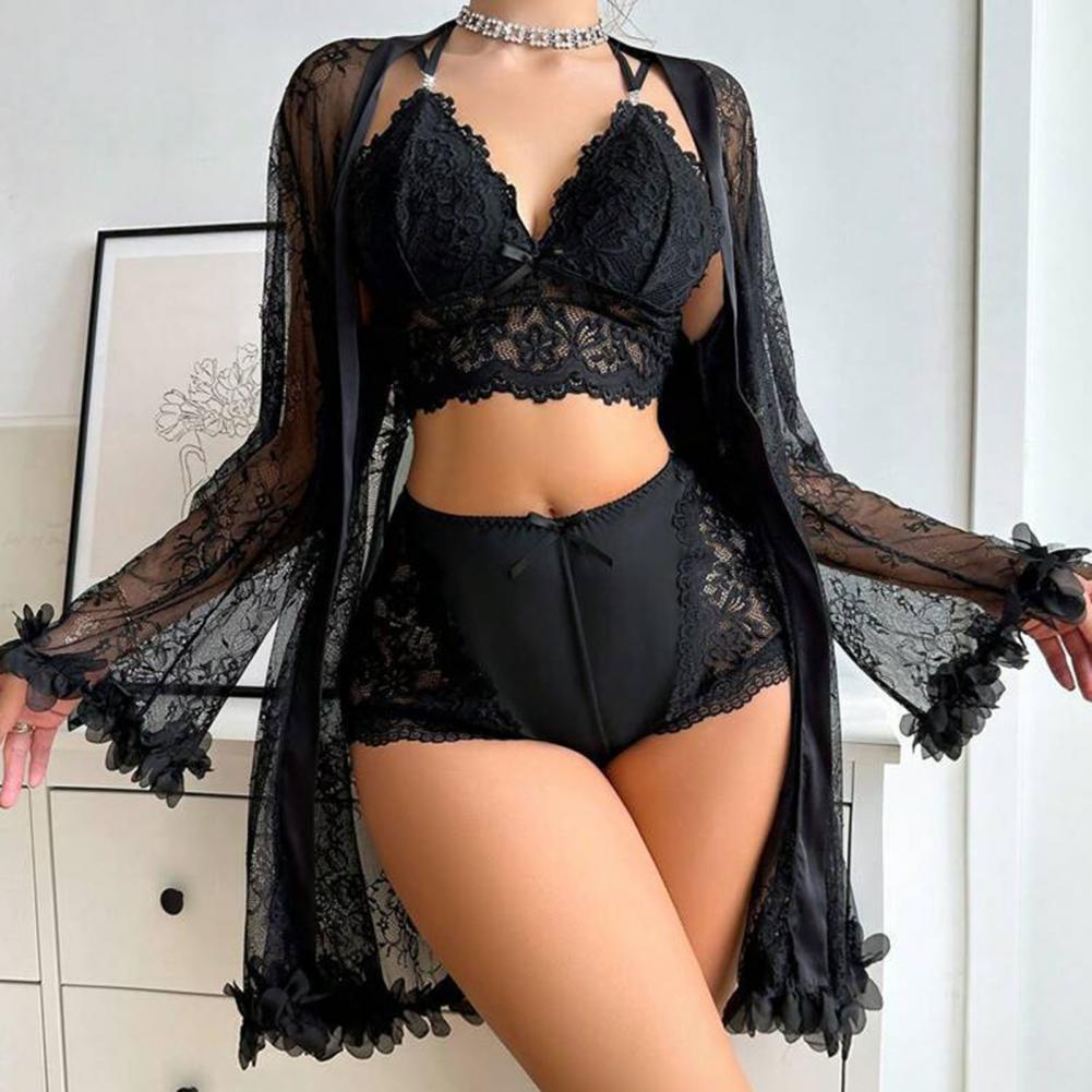 Kimono Sheer Floral - Sexy Nachtkledingset met Bloemenkant, Sexy Doorzichtige
