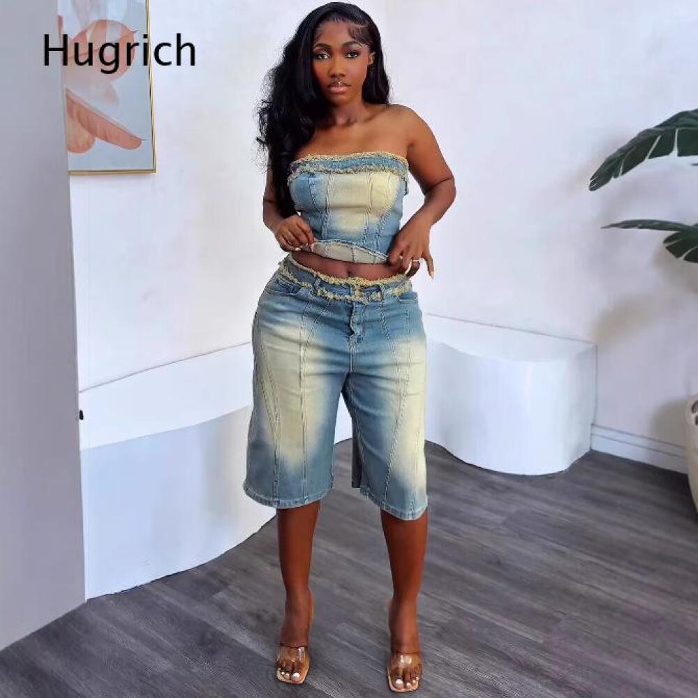 Shorts Denim Frayed - Dames gewassen strapless crop top outfit