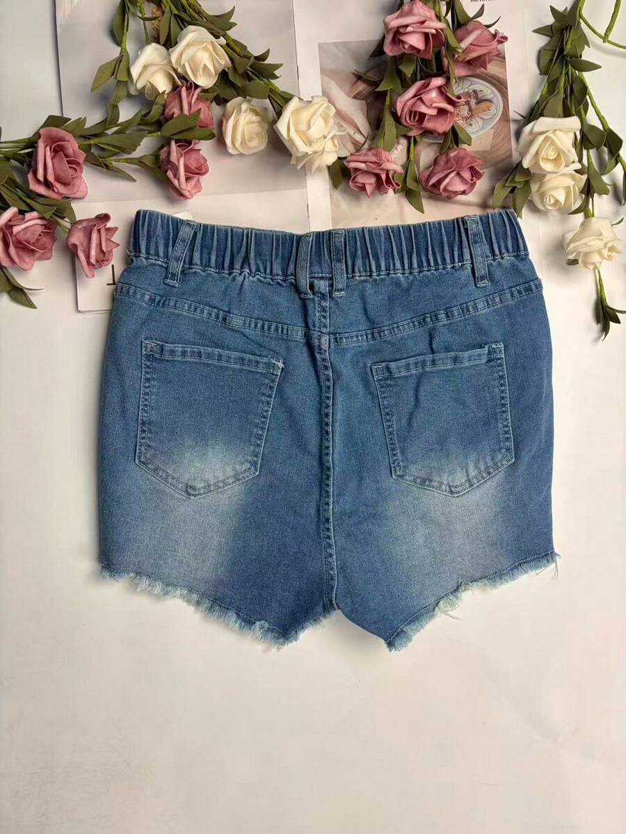 Shorts Denim Frayed - Dames elastische tailleband met rafelrand, noodlijdende