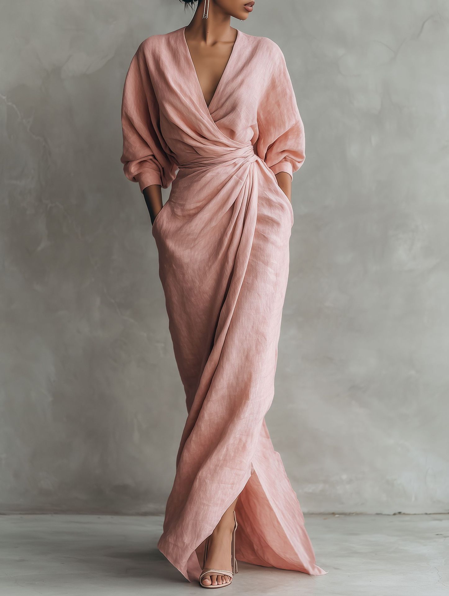 Linen Dress Wrap - Dames linnenmix wikkeljurk met V-hals, vleermuismouwen,