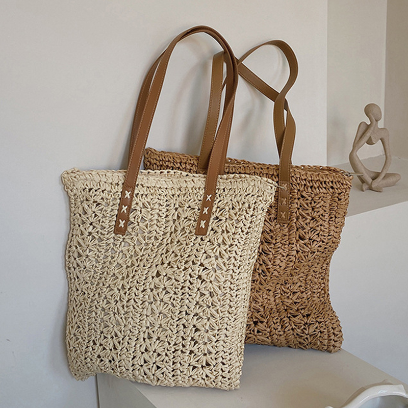 Crochet Bag Raffia - Vierkante holle stro strandtas handgemaakte geweven