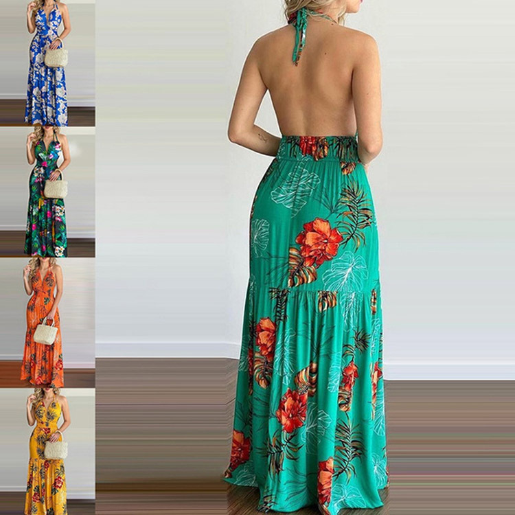 Maxi Dress Halter - Bloemen maxi-jurk, lange rugloze zomerjurk, elegante