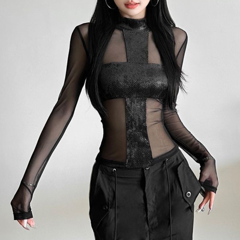 Blouse Off Shoulder - Amerikaanse stijl mesh bodysuit met lange