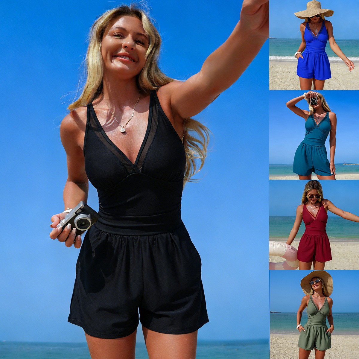 Swimsuit Bikini Ruched - Zwart effenkleurig mouwloos badpak met V-hals