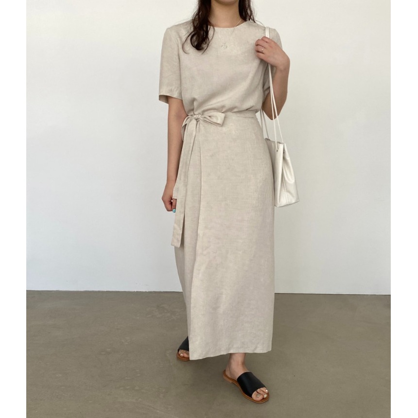 Linen Dress Wrap - Elegante katoenen linnen wikkeljurk met riem,
