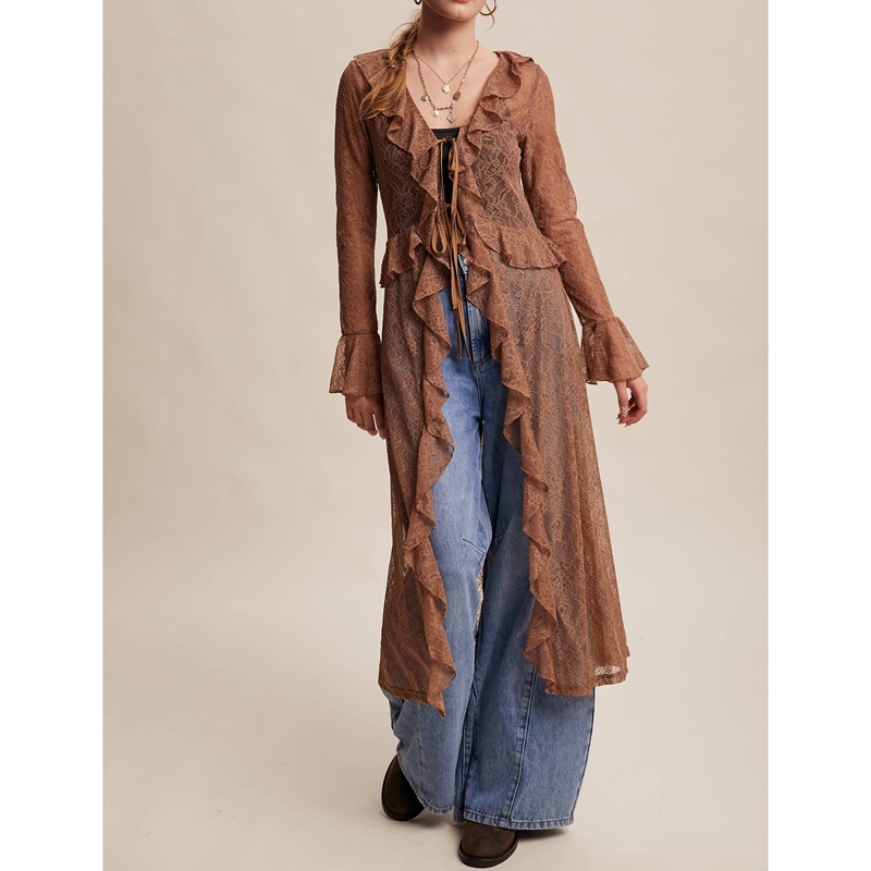 Kimono Sheer Floral - Maxi top met bloemenkant, mesh, strik
