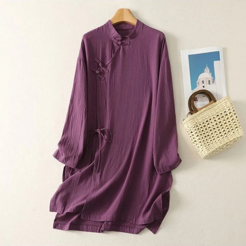 Linen Dress Wrap - Damesjurk in Chinese stijl met kikkerknopen,