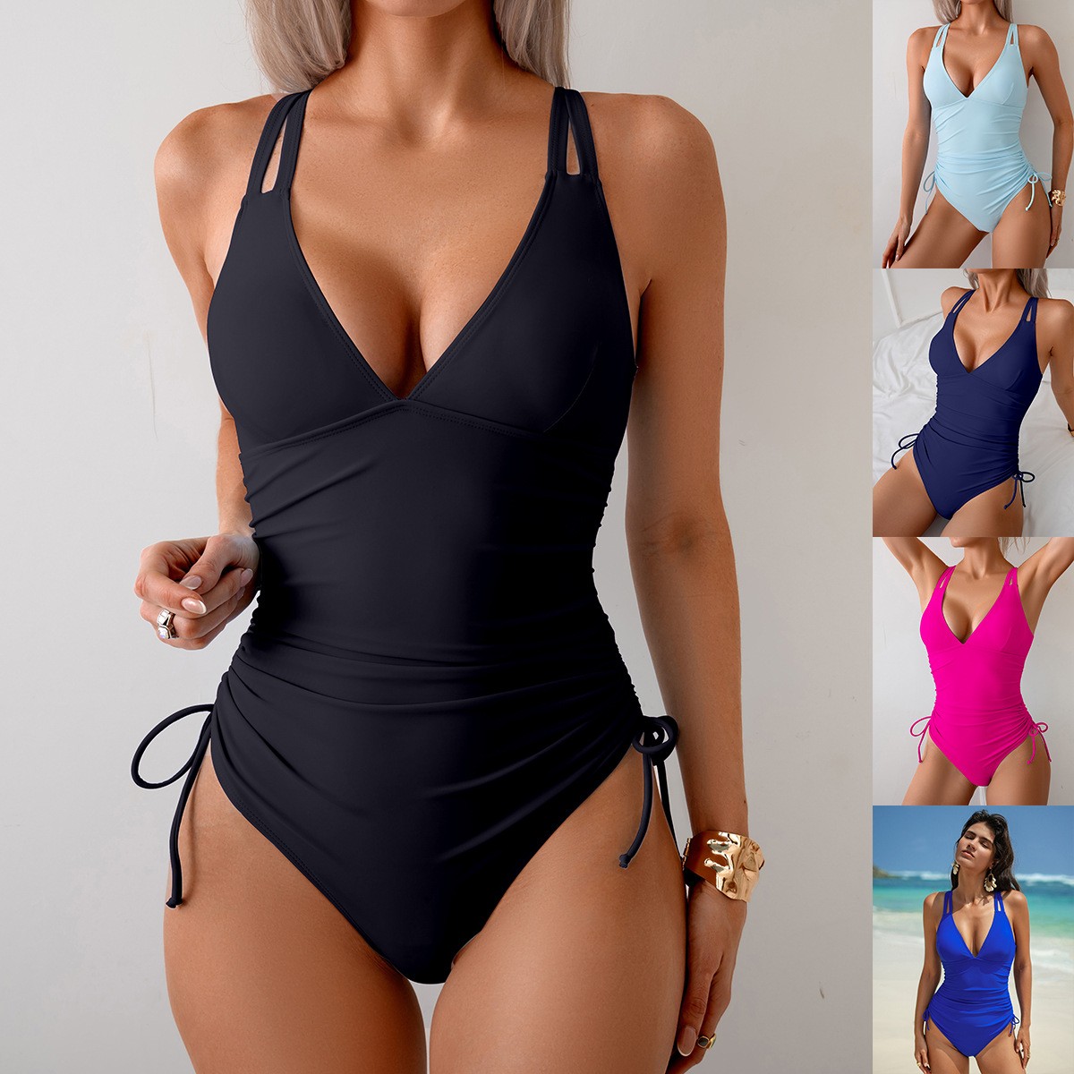 Swimsuit Bikini Ruched - Effen zwart badpak V-hals Gerimpelde taille