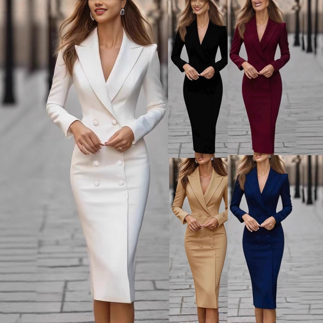 Linen Dress Wrap - Pure Color Slim Double Breasted Feestjurk