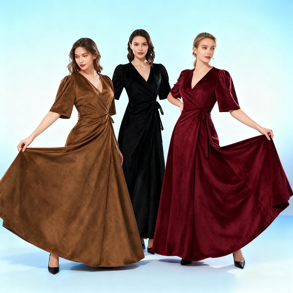 Linen Dress Wrap - Dames lange wikkeljurk met V-hals, slank,