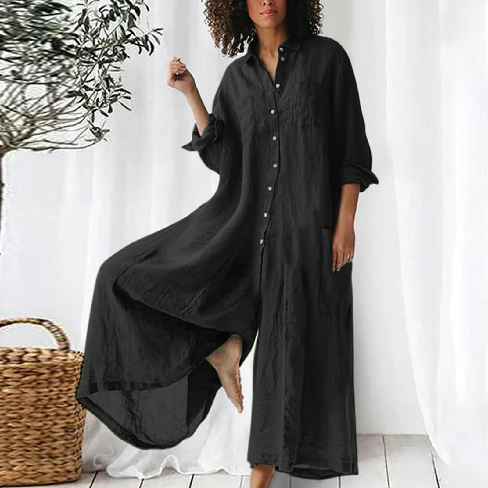 Jumpsuit Linen Relaxed - Damesjumpsuit Alledaagse jumpsuit met lange mouwen,