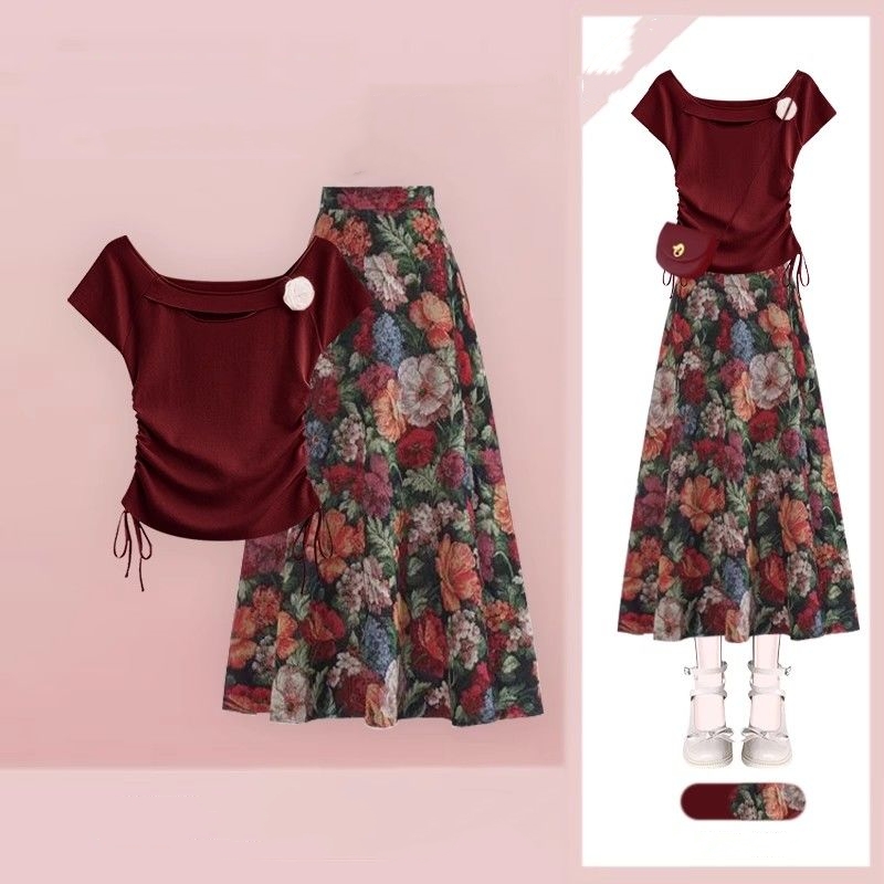 Midi Skirt Floral - Vrouwen Lucky Wijn Rode T-shirts Bloemen