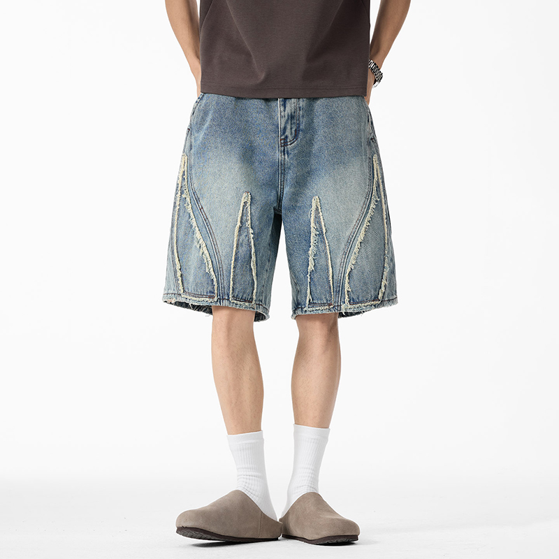 Shorts Denim Frayed - Baggy denim jorts voor heren, patchwork