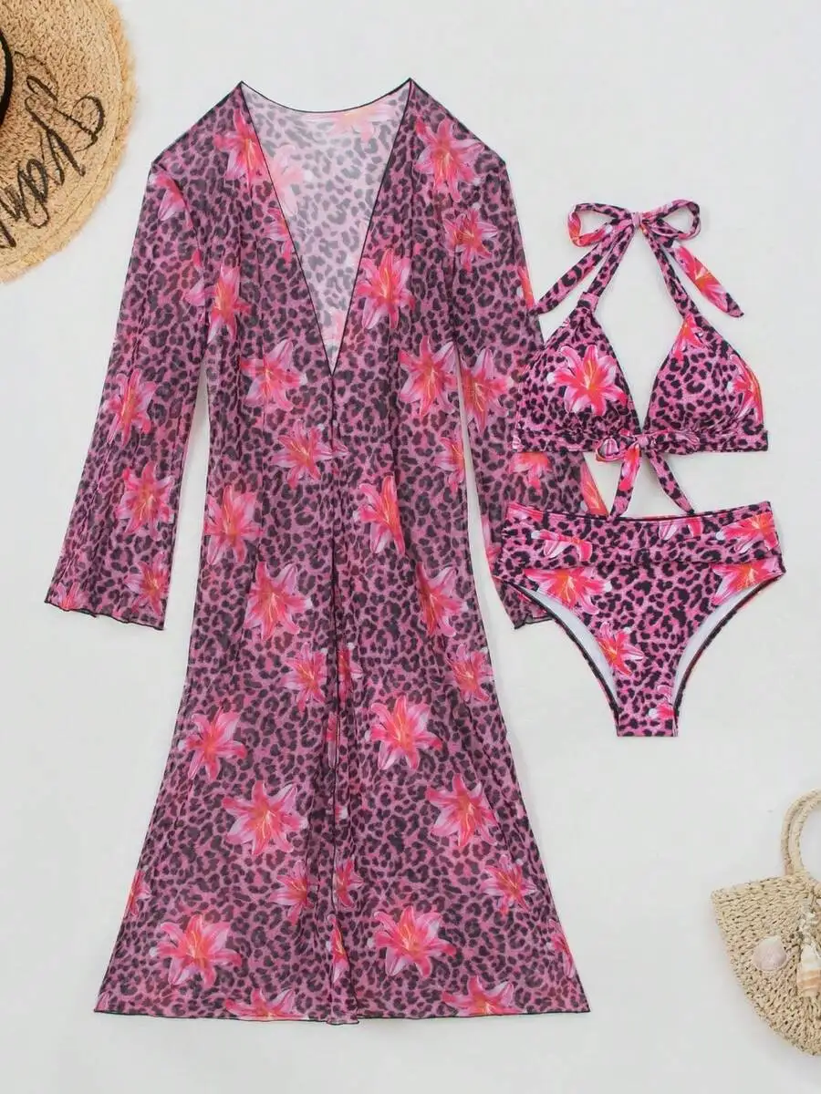 Kimono Sheer Floral - 3-delige damesbikiniset met luipaardbloemenprint en doorzichtige