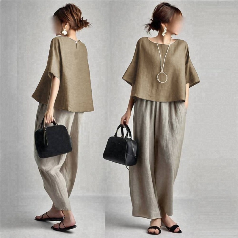 Linen Pant Wide - Tweedelige dames pantalonset, effen, bijpassende set,