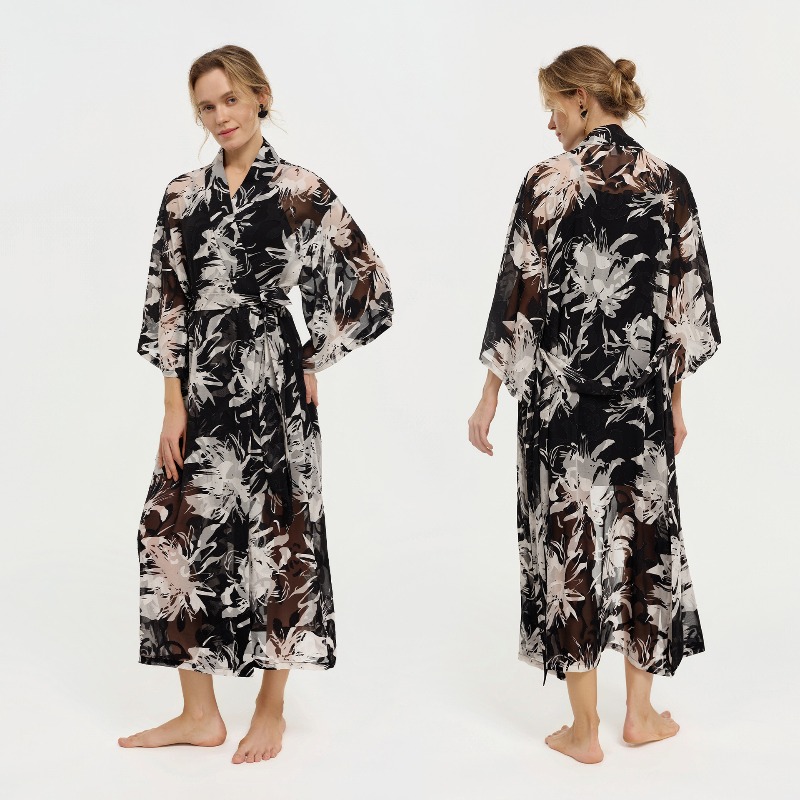 Kimono Sheer Floral - Dames Zwart Wit Inkt Bloemen Sheer