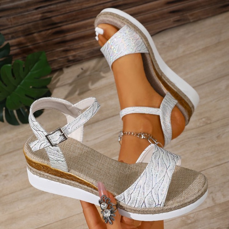 Wedge Espadrille Women - Wedgesandalen voor dames, witte plateauhakken, enkelband,