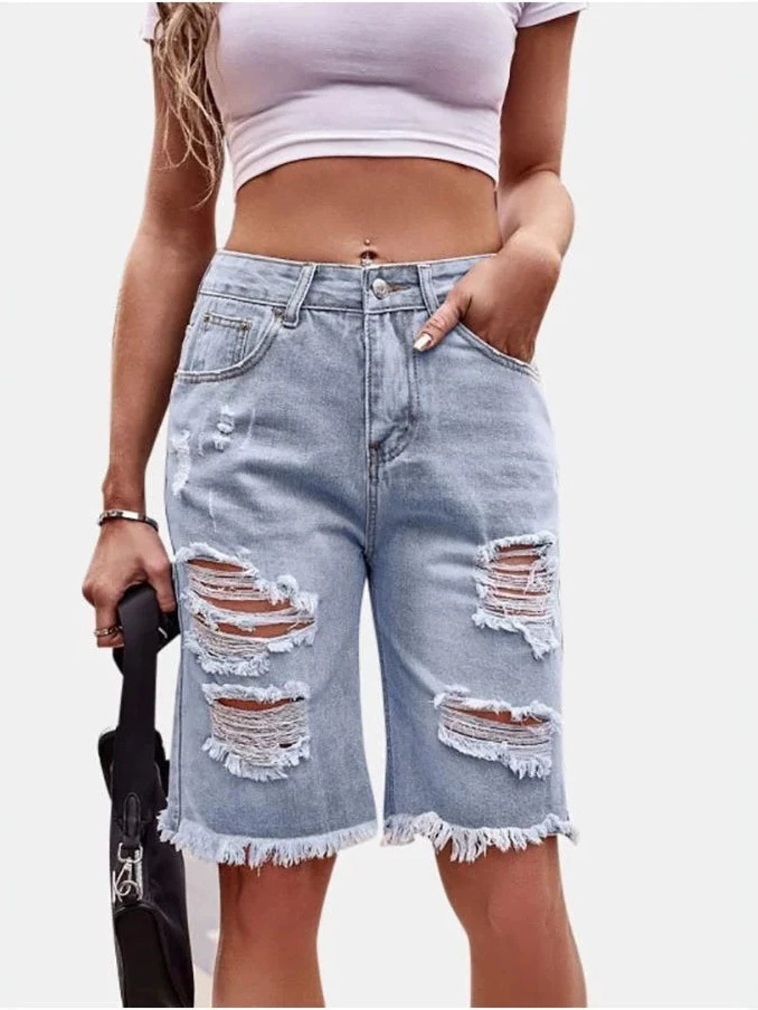 Dames High Waist Geruite Katoe - Shorts Denim Frayed recensie en prijs