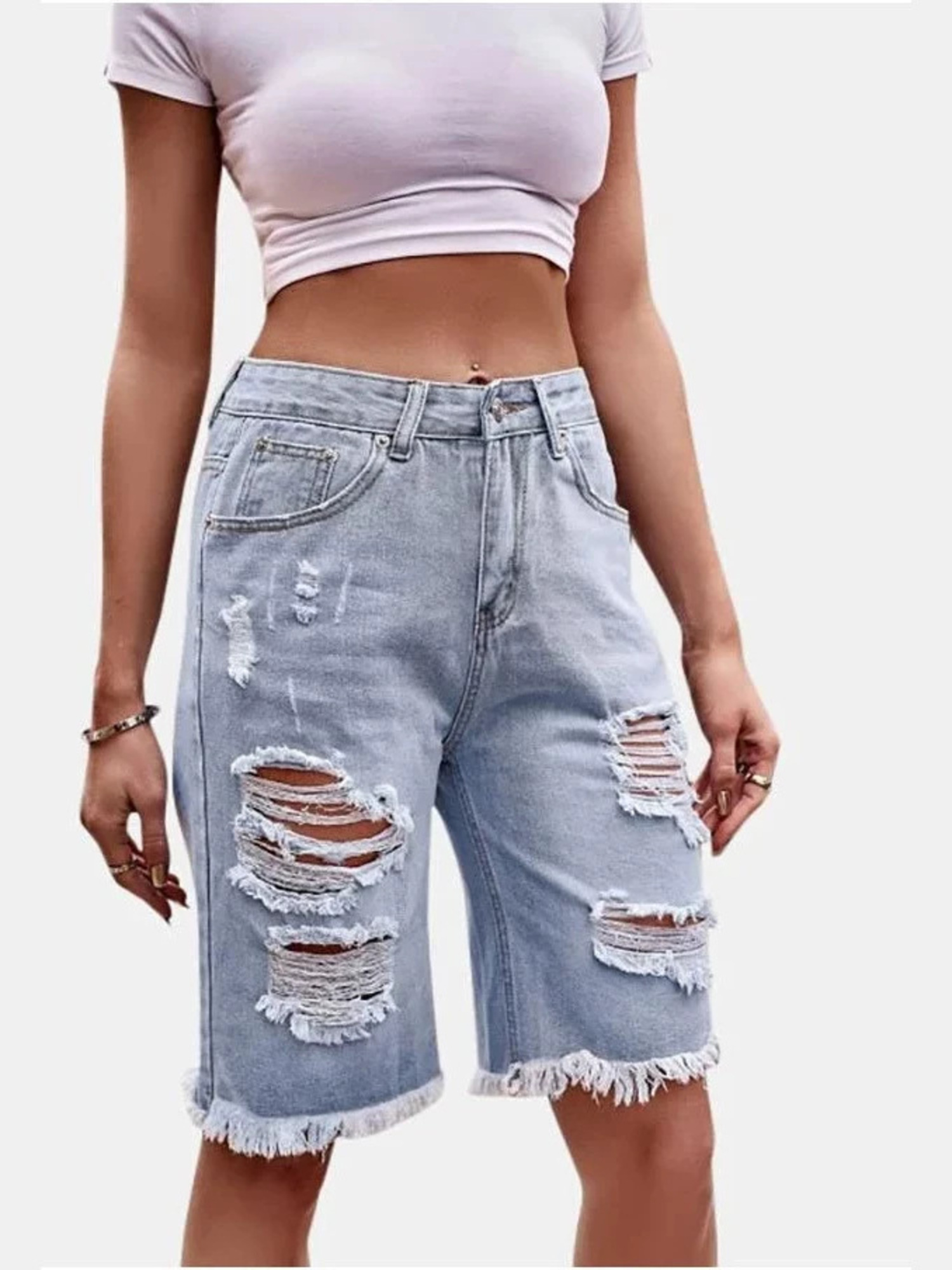 Dames High Waist Geruite Katoe - Shorts Denim Frayed recensie en prijs