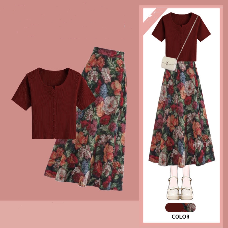 Vrouwen Lucky Wijn Rode T-shir - Midi Skirt Floral recensie en prijs
