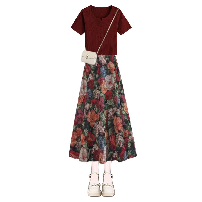 Vrouwen Lucky Wijn Rode T-shir - Midi Skirt Floral recensie en prijs
